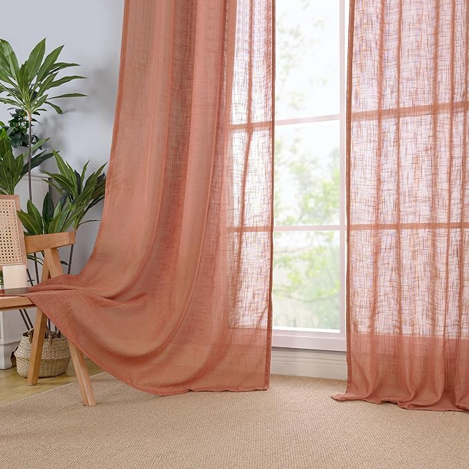 LAMIT Terracotta Linen Curtains 40 Inch for Small Window, Light Filtering Neutral Semi Sheer Window Boho Curtains Back Tab and Rod Pocket Panels for Living Room, 2 Panels, 34 x 40 Inch