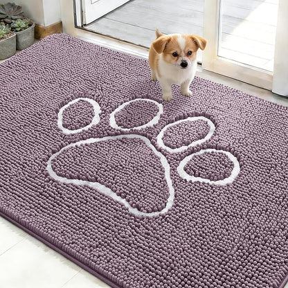 OLANLY Dog Door Mat for Muddy Paws 48x30, Paw Print Design, Absorbs Moisture and Dirt, Absorbent Non-Slip Washable Doormat, Quick Dry Chenille Mud Mat, Entry Indoor Entryway Carpet, Deep Plum