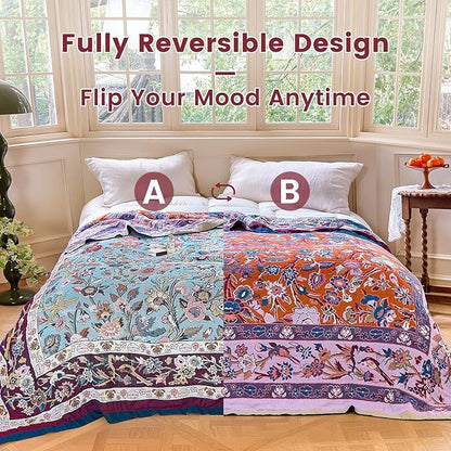 MSGKV Boho Throw Blanket for Bed 60"x80" 100% Cotton Couch Twin Size Floral Bird Blanket Spring Breathable Lightweigh Muslin Home Decorative Blankets