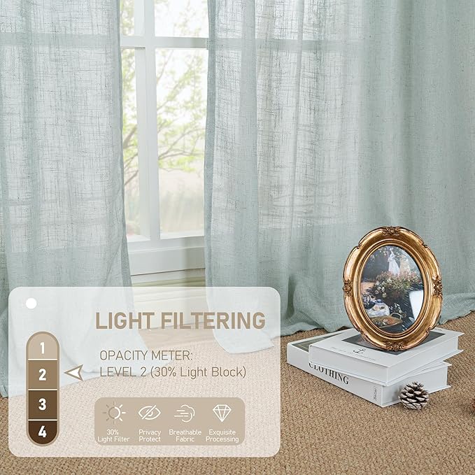 LAMIT Faux Linen Curtains 63 inches Long for Bedroom, Back Tab and Rod Pocket Linen Drapes Light Filtering Semi Sheer Curtains for Small Window/Farmhouse, 2 Panels (52 x 63 Inch, Greyish Blue)
