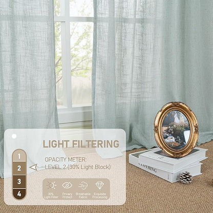 LAMIT Short Linen Window Curtains 30 Inches Long 2 Panels, Greyish Blue Semi Sheer Light Filtering Panels Back Tab and Rod Pocket Neutral Drapes for Basement/Small Windows, 34 x 30 Inch