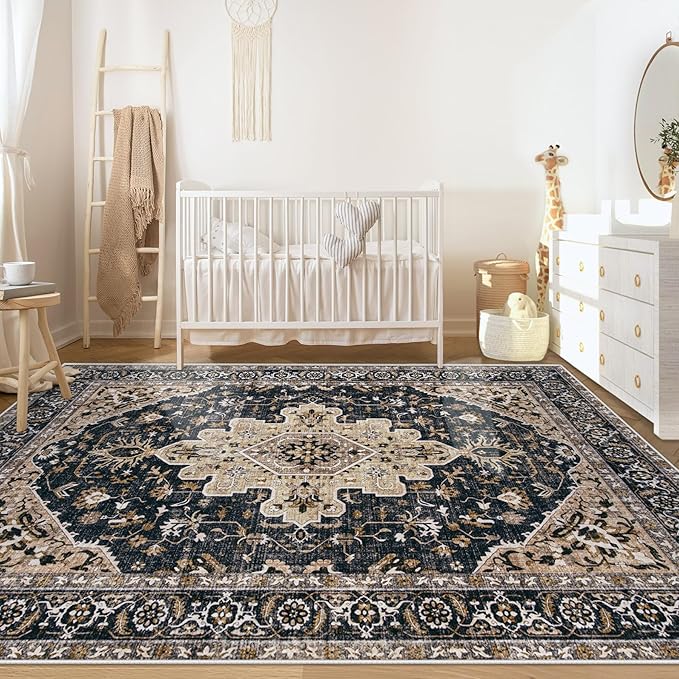 Area Rugs 5x7 Vintage Rug: Washable Living Room Rug Retro Medallion Distressed Large Soft Low Pile Non-Slip Indoor Floor Carpet for Bedroom Kitchen Nursery Dining Table Office (BeigeBlack, 5'x7')