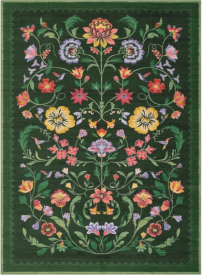 Washable Rug 9x12 Area Rugs for Living Room, Protea Floral Rug for Bedroom, Soft Vintage Non Slip Throw Rugs with Rubber Back, Low Pile Stain Resistant Boho Floral Carpet for Dining Room, Forest Green