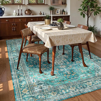 Washable Area Rug 8' x 10' Vintage Traditional Persian Mat - Foldable Distressed Non-Slip Machine Washable Carpet for Living Room Bedroom Kitchen Home Decor - Teal and Gold