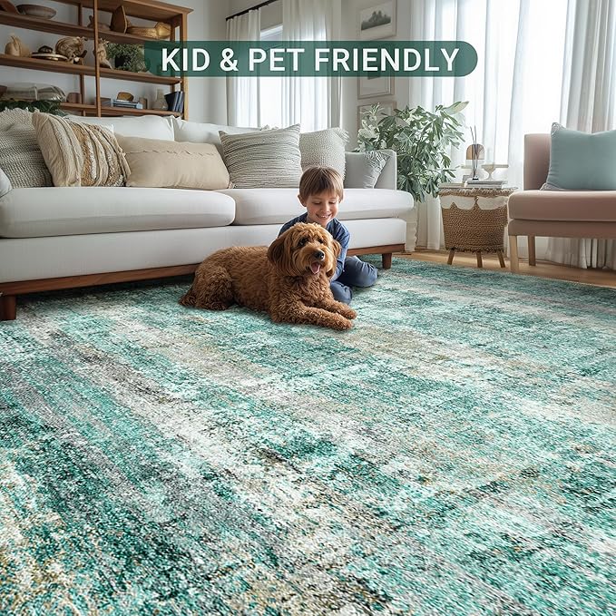 LEPEII 5x7 Area Rugs, Abstract Rugs for Living Room, Indoor Non-Slip Washable Rug for Bedroom, Dining Room, Low Pile Home Decor Neutral Area Rug-Green