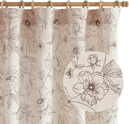 jinchan Floral Linen Curtains for Living Room 96 Inch Length Brown Flower Curtain Rod Pocket Back Tab Farmhouse Curtains with Printed Floral Bedroom Window Curtain Set, 2 Panels Brown