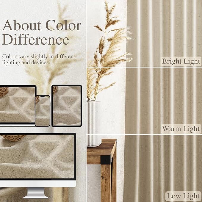 Nanspring Eggshell Beige Curtains 102 Inches Long for Living Room Linen Light Filtering Semi Sheer Curtain Back Tab Rustic Decor Floor to Ceiling Neutral Drapes for Bedroom Office 52x102, 2 Panels