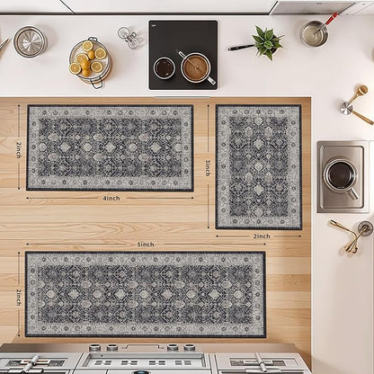 3 Pieces Kitchen Rug Sets: Farmhouse Washable Non-Slip Floor Mat for Sink Stove & Fridge Area Water Resistant Carpet for Laundry Room Entryway Soft Cozy Runners for Kids Pets Family(2x3+2x4+2x5,Black)