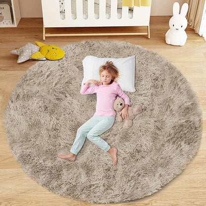 Camel Round Rugs for Bedroom: 4ft Circle Fluffy Shag Soft Washable Rug Small Fuzzy Plush Indoor Carpet for Kids Girls Boys Nursery Dorm Classroom (Camel, 4'x4')