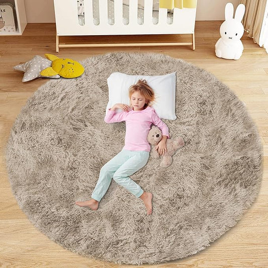 Camel Round Rugs for Bedroom: 4ft Circle Fluffy Shag Soft Washable Rug Small Fuzzy Plush Indoor Carpet for Kids Girls Boys Nursery Dorm Classroom (Camel, 4'x4')