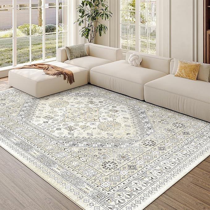 zesthome 5x7 Area Rugs - Ultra-Thin Washble Rug, Stain Resistant Anti Slip Backing Rugs for Living Room,Bedroom, Vintage Home Decor Area Rug (Beige,5'x7')