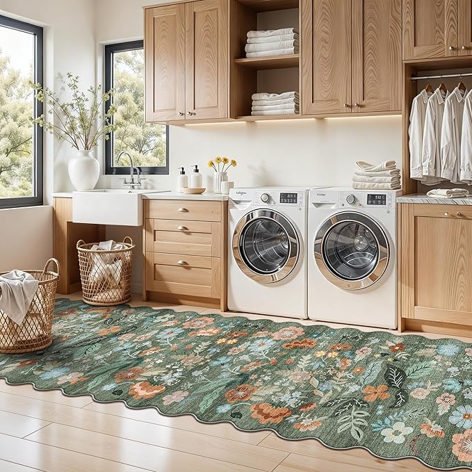 Washable 2x8 Hallway Runner Rug: Water-Resistant Kitchen Rug Soft Bedroom Carpet Non-Slip Indoor Hardwood Floor Mat for Entryway Bathroom Dining Room Boho Decorative Home Decor(2x8, Floral/Green)