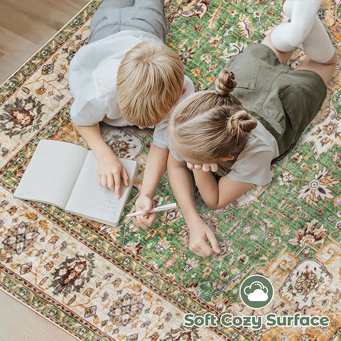 Area Rug 6x9 Washable Rug, Vintage Boho Medallion Rugs Non-Slip Soft Low Pile Large Distressed Rug Indoor Retro Carpet for Living Room Bedroom Dining Room Home Office (Vintage Green, 6'x9')