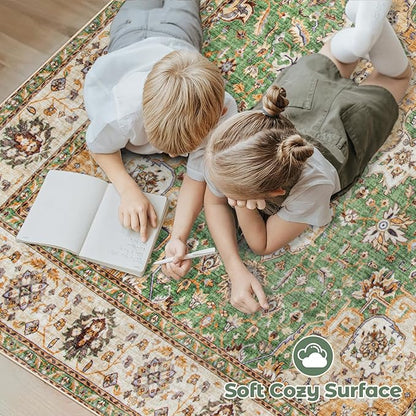 Area Rug 8x10 Washable Rug, Vintage Boho Medallion Rugs Non-Slip Soft Low Pile Large Distressed Rug Indoor Retro Carpet for Living Room Bedroom Dining Room Home Office (Vintage Green, 8'x10')