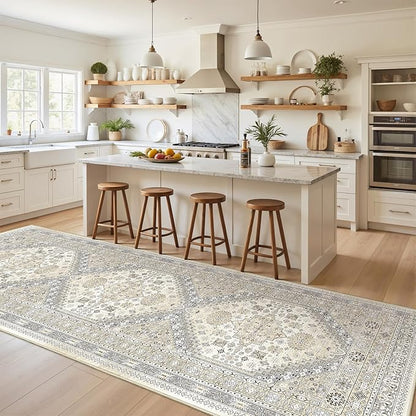 3x10 Runner Rug Non Slip Washable for Entryway, Front Porch, Vintage Hallway Runner for Laundry Room, Bedroom, Stain Resistant Thin Indoor Kitchen Mats for Floor(Beige,3'x10')