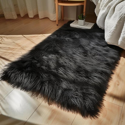 Goolela Black Sheepskin Rug 3x5 for Bedroom Black Fluffy Faux Fur Rug Furry Shag Plush Soft Bedside Dorm Décor Rectangle
