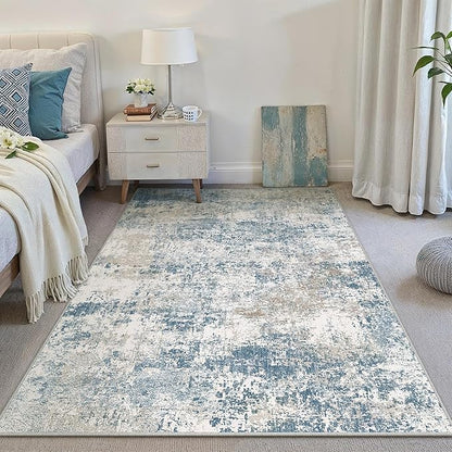 Blue 3x5 Area Rug Washable Abstract Office Carpet Modern Neutral Non Slip Indoor Entry Soft Low Pile Contemporary Aesthetic Door Mat Bedroom Throw Rug for Kitchen Laundry Dining Room