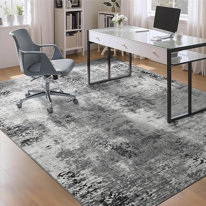 Living Room Rug 9x11 Gray Area Rugs Machine Washable Abstract Boho Large Rug Non-Slip Non-Shedding Faux Wool Indoor Vintage Carpet for Bedroom, Classroom, Dining Room, Kids Playroom