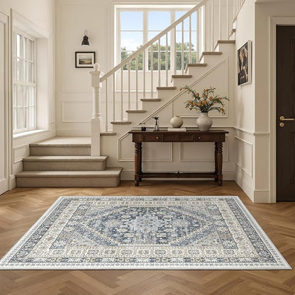 4x6 Area Rugs for Living Room, Non-Slip Backing Small Kids Rugs for Bedroom, Vintage Floral Rug Home Decor, Low Pile Soft Washable Rug for Kitchen, Dining Room (Blue/Beige,4'x6')