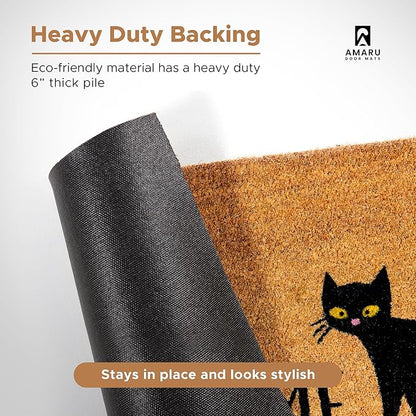 Black Cat - 17"x29" - Coir Door Mat with Heavy Duty Backing - Welcome Mats for Entryway, Porch - Anti-Slip PVC & Coconut Fiber Surface - Natural Home Accessories, Minimalist Original Design