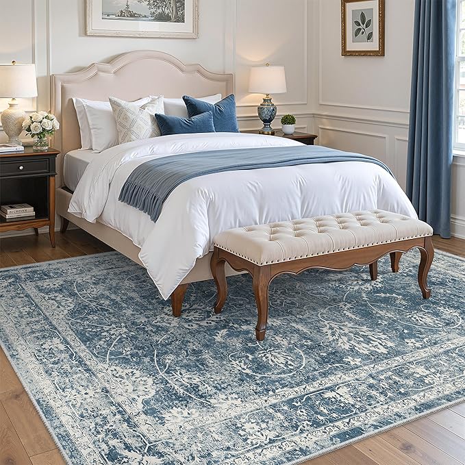 Madane 8x10 Area Rugs for Living Room, Machine Washable Vintage Rug with Non-Slip Backing, Soft Floral Print Large Throw Rugs, Thin Carpet for Bedroom Dining Room Farmhouse (8 x 10, Cadet Blue)
