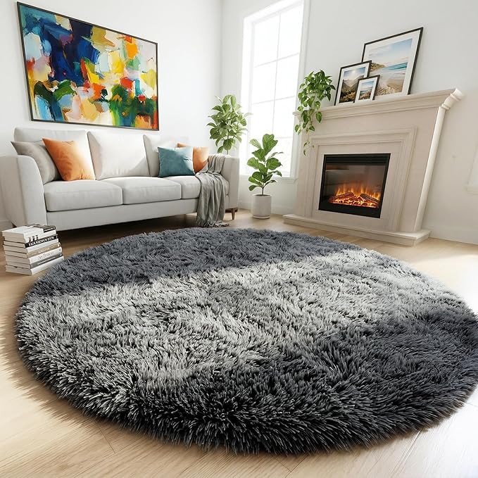 Grey Round Rugs 4Ft for Living Room Bedroom, Fluffy Fuzzy Shag Shaggy Circle Area Rug for Kids Room Home Office Decor Aesthetic, Furry Soft Plush Indoor Floor Gray Carpet for Baby Nursery Preppy Dorm