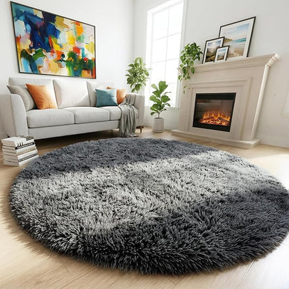 Grey Round Rugs 4Ft for Living Room Bedroom, Fluffy Fuzzy Shag Shaggy Circle Area Rug for Kids Room Home Office Decor Aesthetic, Furry Soft Plush Indoor Floor Gray Carpet for Baby Nursery Preppy Dorm