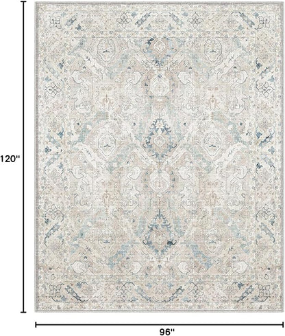 8x10 Area Rugs for Living Room, Machine Washable Non Slip Vintage Retro Rugs, Low Pile Lightweight Chenille Print Indoor Rug for Bedroom, Dining Room, Home Office(Grey/Blue/TAN/Teal/Green)