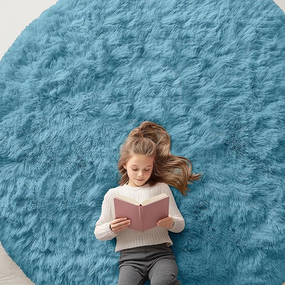 OLANLY Slate Blue Round Rugs for Bedroom - Machine Washable, 5 ft Circle Area Rugs for Living Room, Soft and Fluffy Shaggy Carpet for Teen Girl and Boys, Nursery Rooms, Dorms, Home Decor Aesthetic