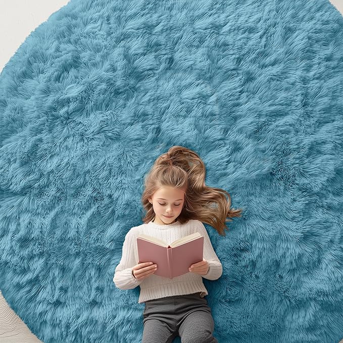 OLANLY Slate Blue Round Rugs for Bedroom - Machine Washable, 8 ft Circle Area Rugs for Living Room, Soft and Fluffy Shaggy Carpet for Teen Girl and Boys, Nursery Rooms, Dorms, Home Decor Aesthetic