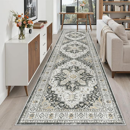 Madane Hallway Rug 3x10, Kitchen Rugs Washable Entryway Rug Vintage Kitchen Runners Non Slip Indoor Area Rug Farmhouse Carpet Runner for Bathroom Living Room Bedroom, Black