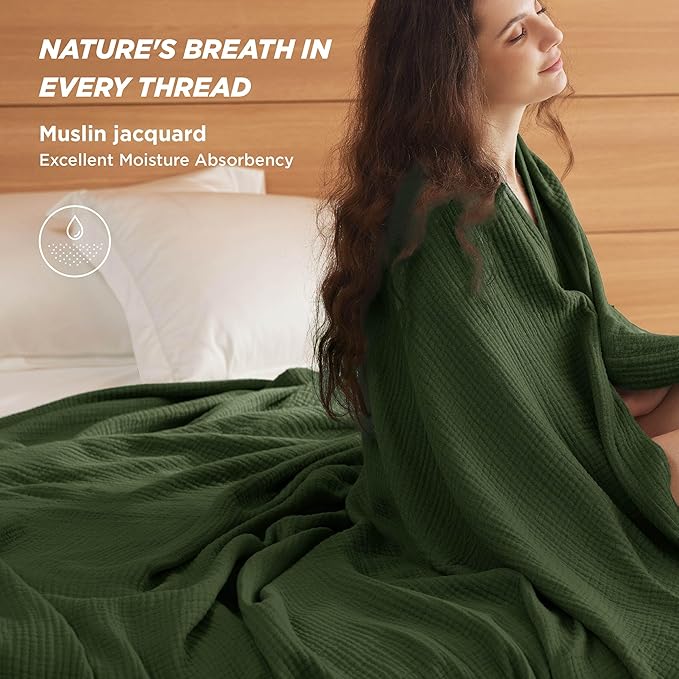 Bedsure 100% Cotton Muslin Blanket King Size for Bed - 4-Layer Breathable and Lightweight Thin Soft Summer Gauze Muslin Blanket for Adults, Olive Green, 108x90 Inches