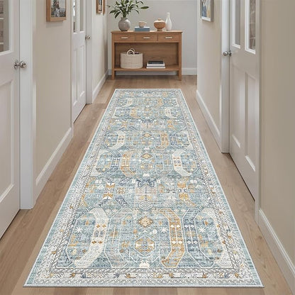 Madane Runner Rug 2'6''x8' Kitchen Runner, Hallway Runner Printed Vintage Washable Rugs Soft Non-Slip Low Pile Runners for Hallways Laundry Room Distressed Carpet, Blue/Gold