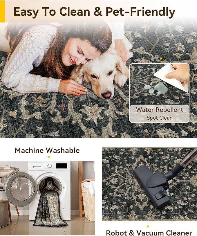 Area Rugs 2'x10' Runner Rug Non Slip Washable for Kitchen Hallway Bedroom Beside Laundry Room Bathroom Rug, Floor Carpet, Vintage Black Brown Neutral