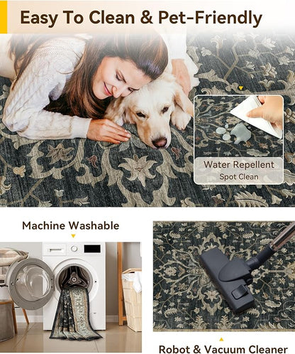 Area Rugs 2'x10' Runner Rug Non Slip Washable for Kitchen Hallway Bedroom Beside Laundry Room Bathroom Rug, Floor Carpet, Vintage Black Brown Neutral