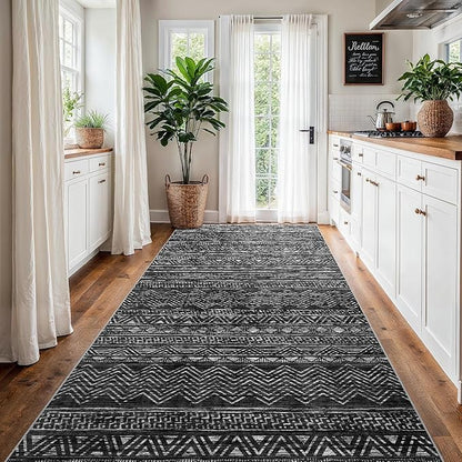 4x8 Washable Hallway Runner Rug：Moroccan Non-Slip Wide Runners for Entryway Kitchen Soft Modern Geometric Low-Pile Rugs for Living Room Thin Waterproof Carpet for Bedroom Bathroom Laundry(Black,4x8)