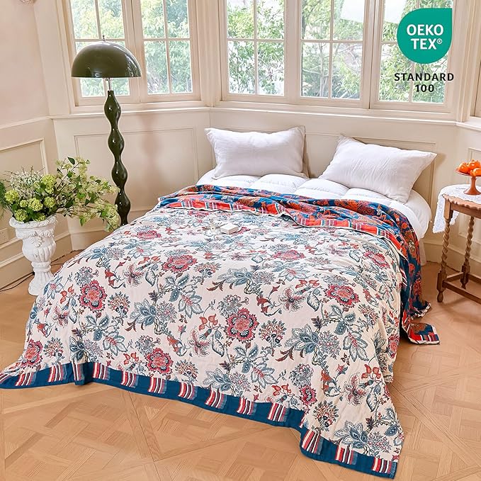 MSGKV Boho Throw Blanket 60"x80" 100% Cotton Floral Blanket for Bed Couch Spring Breathable Lightweight Twin Blankets All Seasons Home Decor Muslin