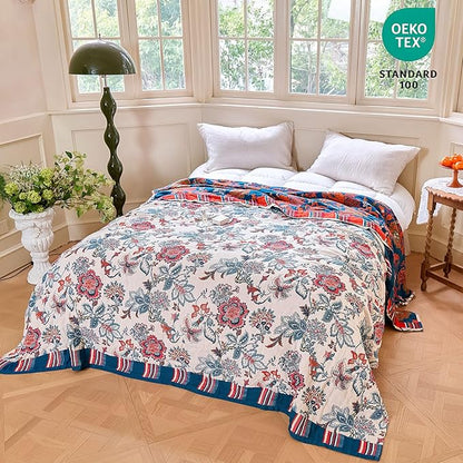 MSGKV Boho Throw Blanket 60"x80" 100% Cotton Floral Blanket for Bed Couch Spring Breathable Lightweight Twin Blankets All Seasons Home Decor Muslin