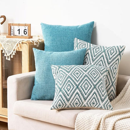 HPUK Decorative Throw Pillow Covers Set of 4 Geometric Design Linen Cushion Cover for Couch Sofa Living Room, 18"x18" inches, Aqua Blue