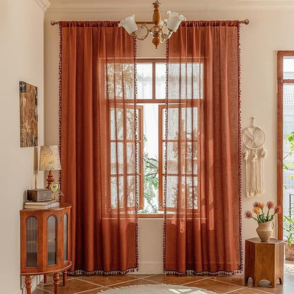 MYSKY HOME Semi Sheer Short Macrame Curtains for Window Treatment,Bohemian Country Home Decor Light Filtering Privacy Protect Back Tab Drapes，50" W×63" L, Terracotta, 2 Pieces