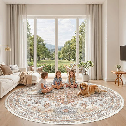 zesthome 8ft Round Rugs for Living Room, Non-Slip Washable Round Area Rugs, Ultra-Thin Large Circle Rugs, Soft Low Pile Rug for Bedroom, Kitchen - Vintage Stain Resistant Round Rug (Orange,8'x8')