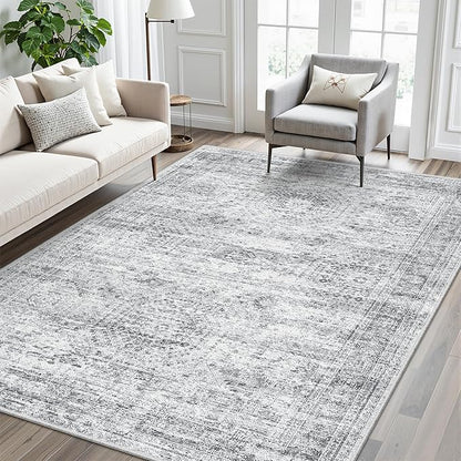 5x7 Area Rugs Gray Low Pile Indoor Washable Trendy Faded Style Rugs for Bedroom Living Room Dining Room Foldable Non-Slip Thin Grey Print Mat