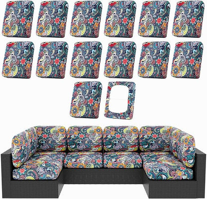 hyha 14Pcs Patio Cushion Covers, Stretch Outdoor Couch Cushion Covers Replacement, Washable Outdoor Chair/Sofa Slipcovers for Patio Furniture Cushions Protector with Elastic Bottom(Paisley,Cover Only)