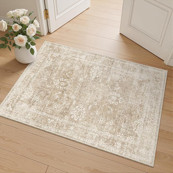 Madane 2x3 Washable Rugs for Entryway, Low Pile Non-Slip Small Area Rug Kitchen Door Mat, Vintage Soft Throw Neutral Rug Floor Mat for Indoor Front Entrance Bathroom Hallway (2 x 3, Beige/Brown)