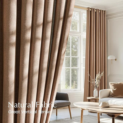 NICETOWN Gold Brown Linen Curtains for Kitchen, Thick Flax Small Window Treatments Semi Sheer Privacy Assured with Light Through for Cafe/Bathroom, W55 x L84, 2 Panels