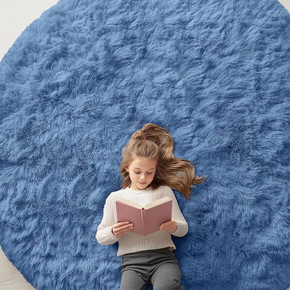 OLANLY Blue Round Rugs for Bedroom - Machine Washable, 8 ft Circle Area Rugs for Living Room, Soft and Fluffy Shaggy Carpet for Teen Girl and Boys, Nursery Rooms, Dorms, Home Decor Aesthetic
