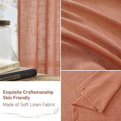 LAMIT 54 Inch Semi Sheer Window Linen Curtains, Light Filtering Panels Back Tab and Rod Pocket Neutral Drapes for Bedroom/Living Room, Terracotta, 2 Panels, 34 x 54 Inch