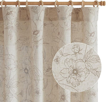 jinchan Floral Linen Curtains for Living Room 63 Inch Length Taupe Flower Curtain Rod Pocket Back Tab Farmhouse Curtains with Printed Floral Bedroom Window Curtain Set, 2 Panels Taupe