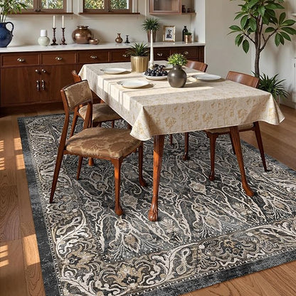 Washable Area Rug 9' x 12' Vintage Traditional Persian Mat - Foldable Distressed Non-Slip Machine Washable Carpet for Living Room Bedroom Kitchen Home Decor - Ebony and Taupe