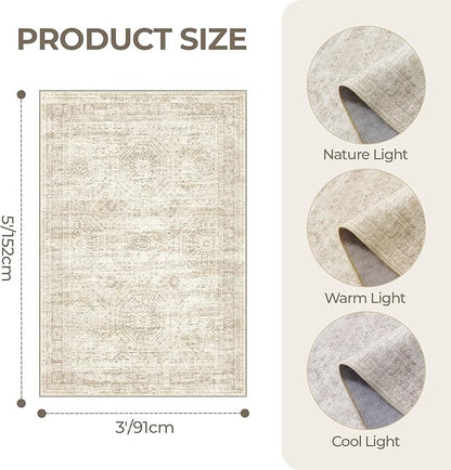 3x5 Washable Area Rug for Entryway, Soft Kitchen Rugs Non Slip for Dining Room, Vintage Abstract Living Room Rug, Thin Area Rugs Indoor for Bedroom, Kids Room Decor(3'x5', Beige/Ivory)